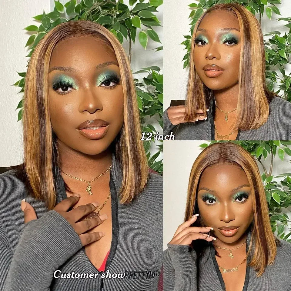 200% Density Short Bob Wigs Highlight Straight Lace Front Wigs Blonde 13x4 Transparent Lace Front Wig 100% Human Hair 427#16Inc