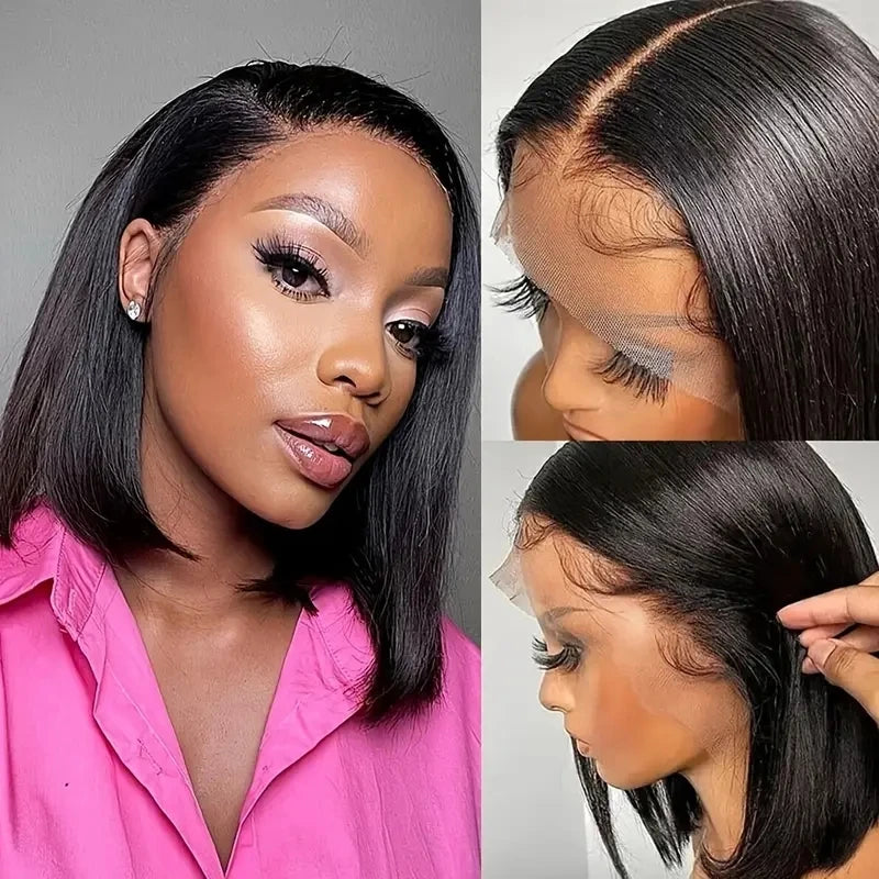 13x4 Straight Lace Frontal Bob Wig Pre Plucked Human Hair Wigs Brazilian Remy Short Bob Wig For Women Natural Black #1B 14 Inch