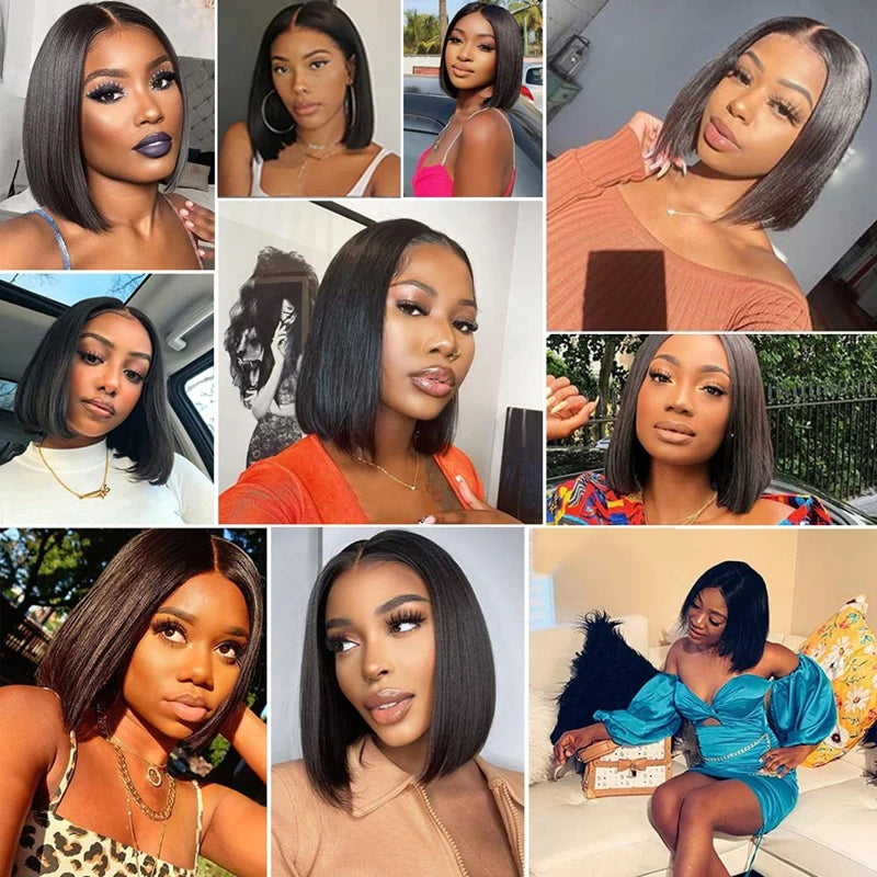 13x4 Straight Lace Frontal Bob Wig Pre Plucked Human Hair Wigs Brazilian Remy Short Bob Wig For Women Natural Black #1B 14 Inch
