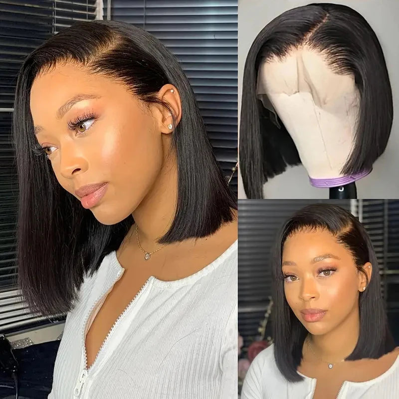 Straight Bob Wig 200% Density 13X4 Lace Frontal Wigs Brazilian Pre Plucked With Baby Hair 4x4 For Women 100% Human Hair Wigs #1B