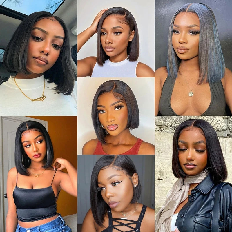13x4 Straight Lace Frontal Bob Wig Pre Plucked Human Hair Wigs Brazilian Remy Short Bob Wig For Women Natural Black #1B 14 Inch
