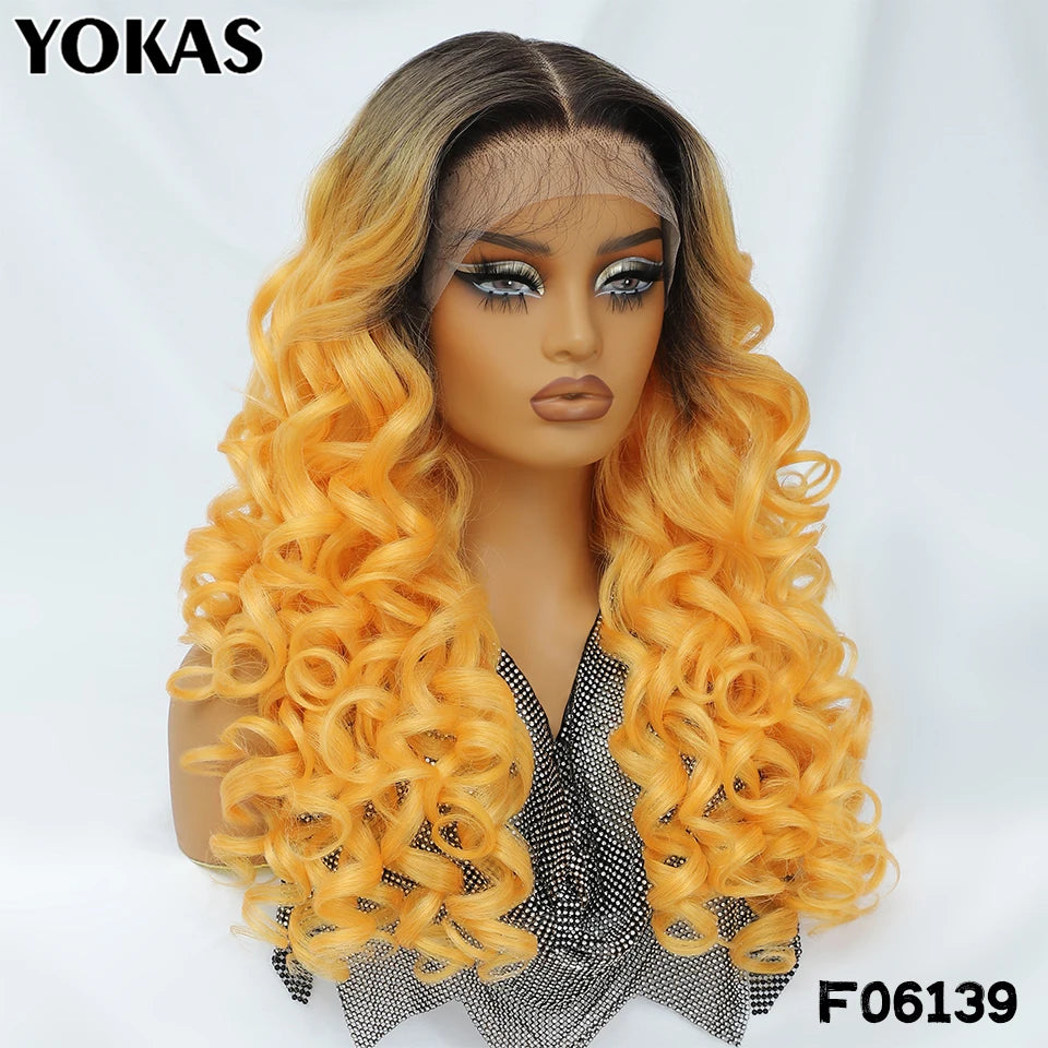 Lace Front Wigs 13X5X1 Latisha Synthetic HD Curly Pre Plucked Lace Front Wigs With Bangs For Afro Women Highlight With Baby Hair