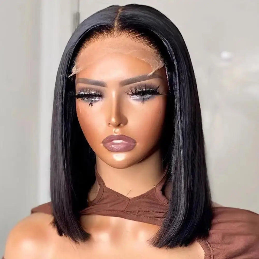 Lace Front Bob Wig Short Straight Hair Synthetic Full Wig with Pre-Plucked Hairline & Natural Look, Glueless Wear