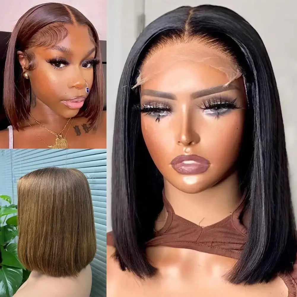 Lace Front Bob Wig Short Straight Hair Synthetic Full Wig with Pre-Plucked Hairline & Natural Look, Glueless Wear