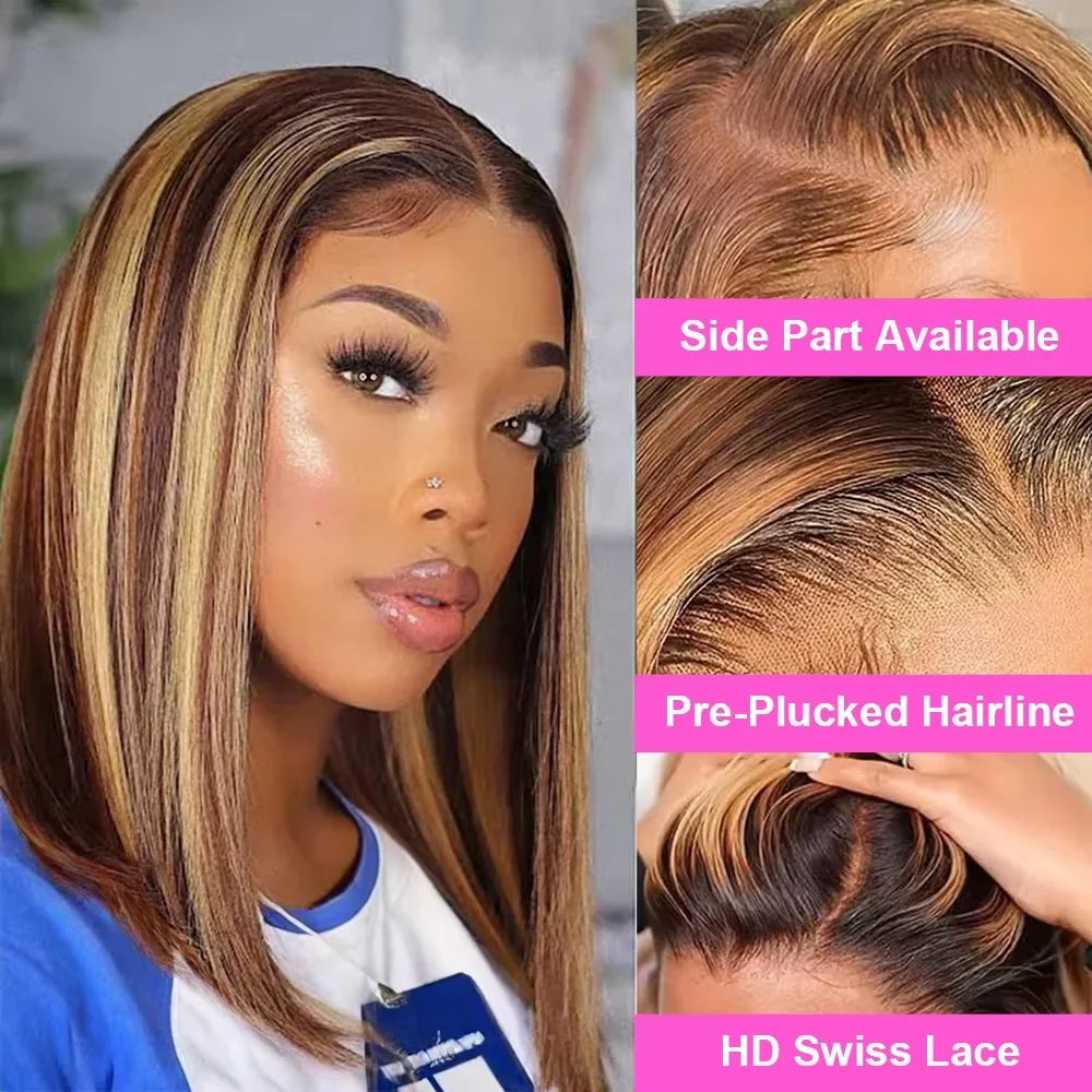 200% Density Short Bob Wigs Highlight Straight Lace Front Wigs Blonde 13x4 Transparent Lace Front Wig 100% Human Hair 427#16Inc
