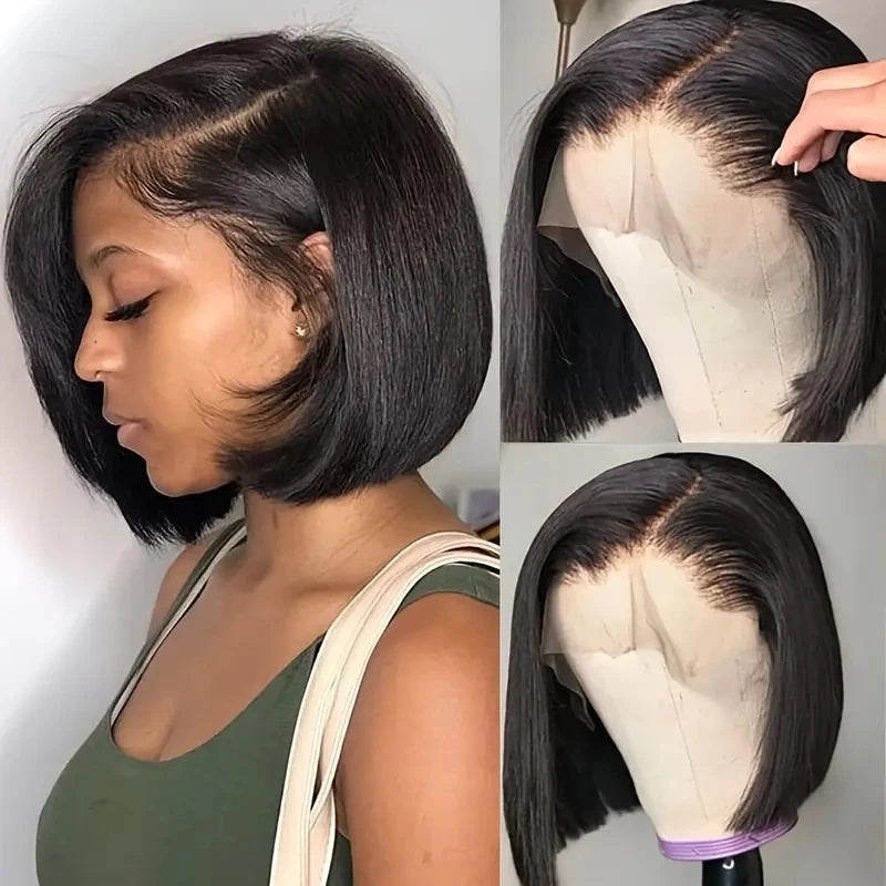 13x4 Straight Lace Frontal Bob Wig Pre Plucked Human Hair Wigs Brazilian Remy Short Bob Wig For Women Natural Black #1B 14 Inch