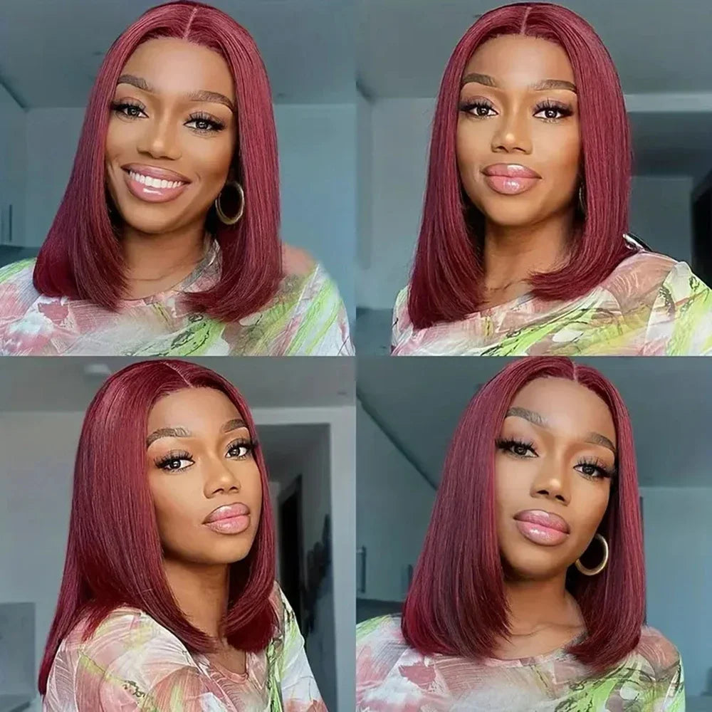 99J Burgundy 13x4 Bob Straight Pre Plucked Human Hair Wigs Short Brazilian Human Hair Wigs Transparent Lace Human Hair Wig