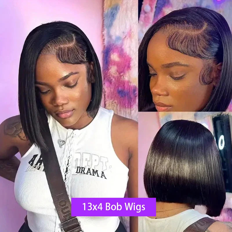 13x4 Straight Lace Frontal Bob Wig Pre Plucked Human Hair Wigs Brazilian Remy Short Bob Wig For Women Natural Black #1B 14 Inch
