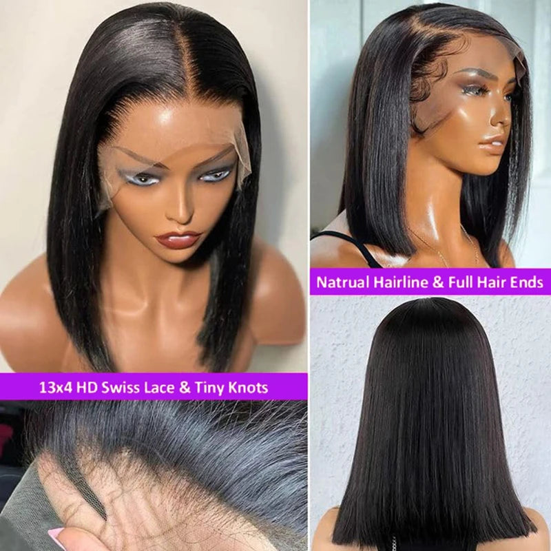13x4 Straight Lace Frontal Bob Wig Pre Plucked Human Hair Wigs Brazilian Remy Short Bob Wig For Women Natural Black #1B 14 Inch