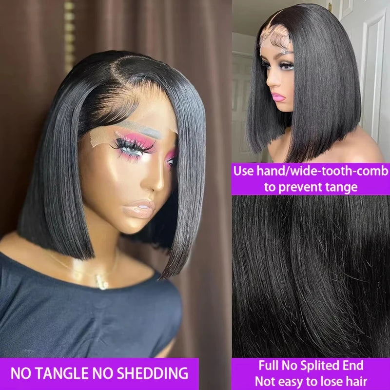 13x4 Straight Lace Frontal Bob Wig Pre Plucked Human Hair Wigs Brazilian Remy Short Bob Wig For Women Natural Black #1B 14 Inch