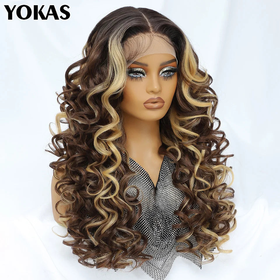 Lace Front Wigs 13X5X1 Latisha Synthetic HD Curly Pre Plucked Lace Front Wigs With Bangs For Afro Women Highlight With Baby Hair