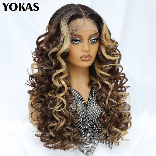 Lace Front Wigs 13X5X1 Latisha Synthetic HD Curly Pre Plucked Lace Front Wigs With Bangs For Afro Women Highlight With Baby Hair