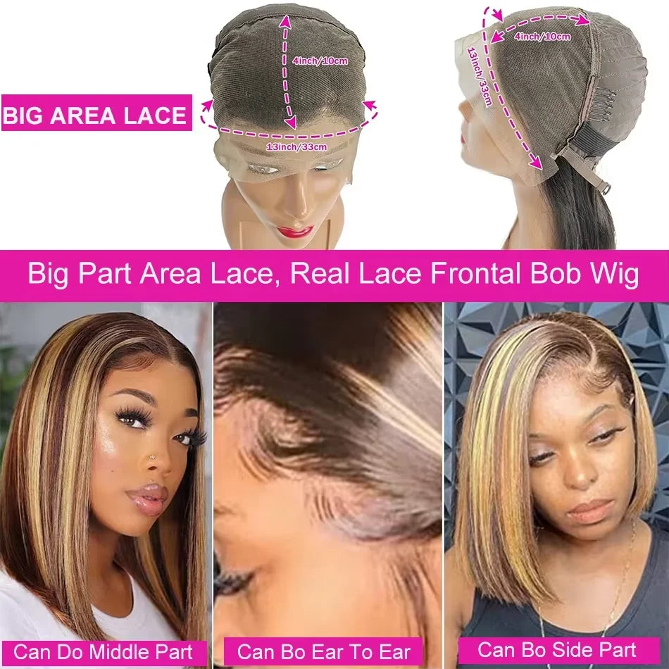 200% Density Short Bob Wigs Highlight Straight Lace Front Wigs Blonde 13x4 Transparent Lace Front Wig 100% Human Hair 427#16Inc