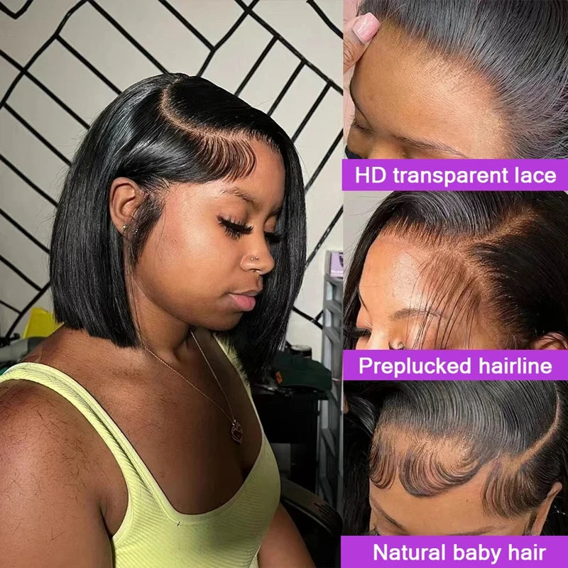 13x4 Straight Lace Frontal Bob Wig Pre Plucked Human Hair Wigs Brazilian Remy Short Bob Wig For Women Natural Black #1B 14 Inch