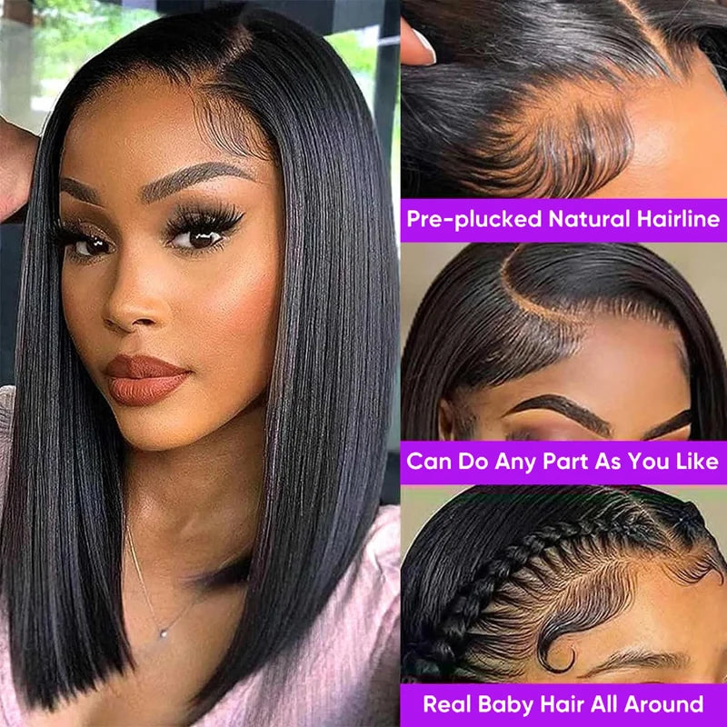 13x4 Straight Lace Frontal Bob Wig Pre Plucked Human Hair Wigs Brazilian Remy Short Bob Wig For Women Natural Black #1B 14 Inch