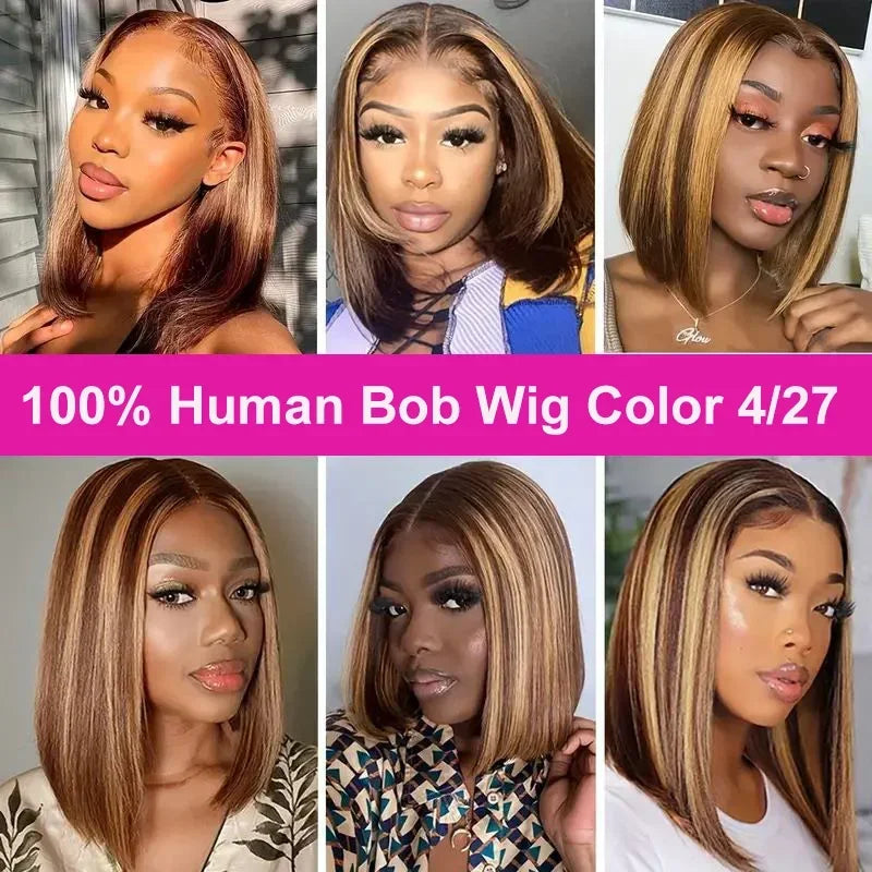 200% Density Short Bob Wigs Highlight Straight Lace Front Wigs Blonde 13x4 Transparent Lace Front Wig 100% Human Hair 427#16Inc