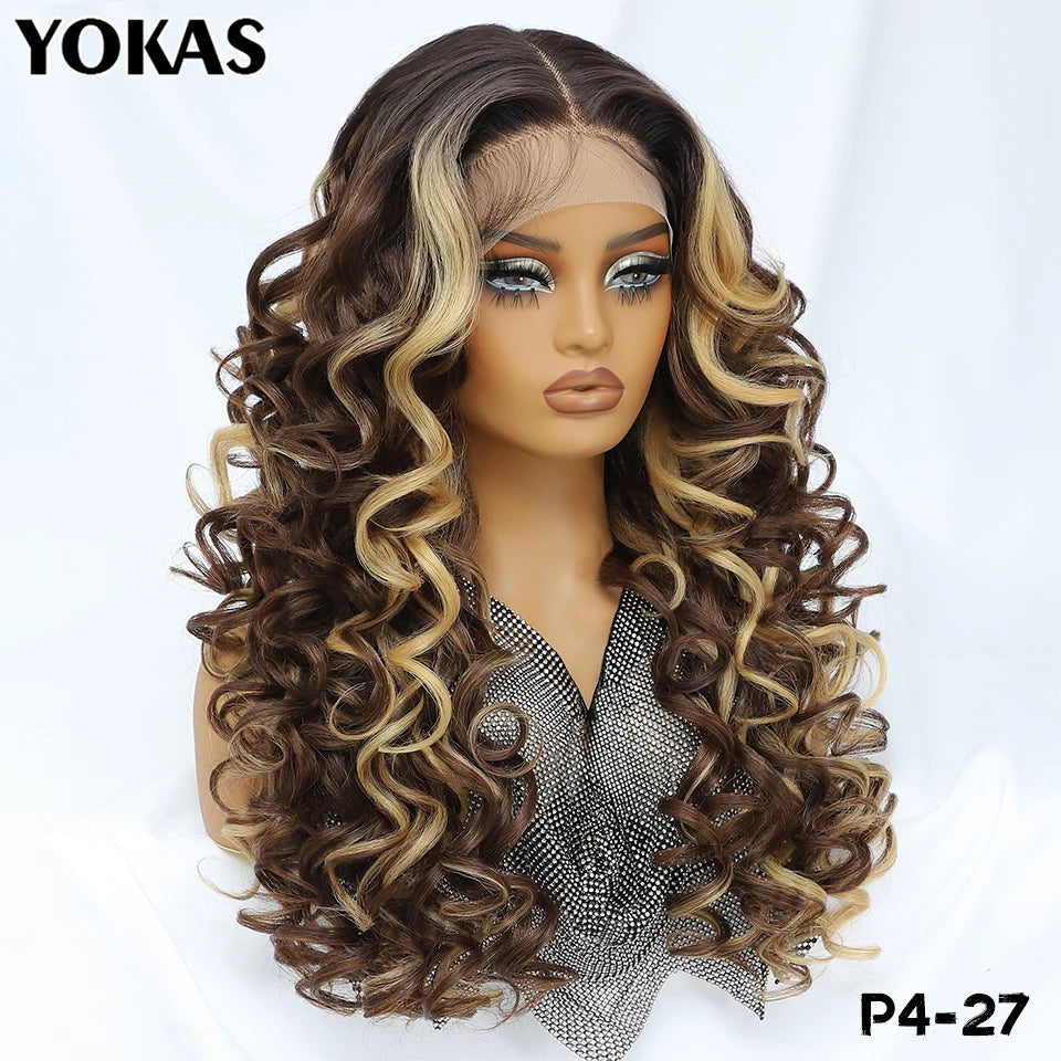 Lace Front Wigs 13X5X1 Latisha Synthetic HD Curly Pre Plucked Lace Front Wigs With Bangs For Afro Women Highlight With Baby Hair